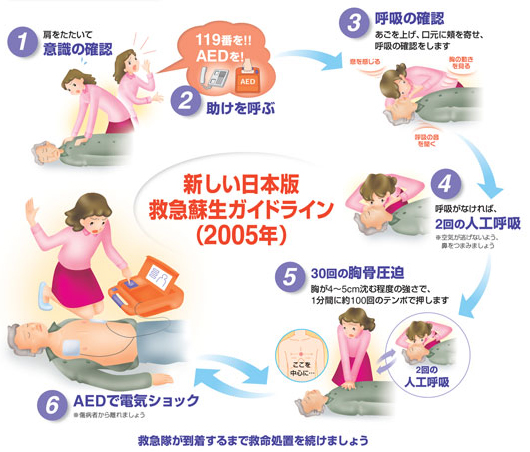 1.意識の確認 2.助けを呼ぶ 3.呼吸の確認 4.2回の人工呼吸 5.30回の胸骨圧迫 6.AEDで電気ショック 救急隊が到着するまで救命処置を続けましょう